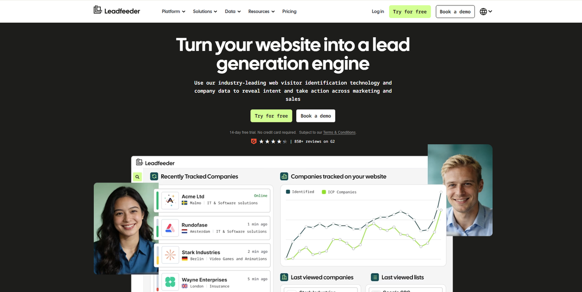 Leadfeeder homepage advertising web visitor identification and a 14-day free trial, with a list of recently tracked companies
